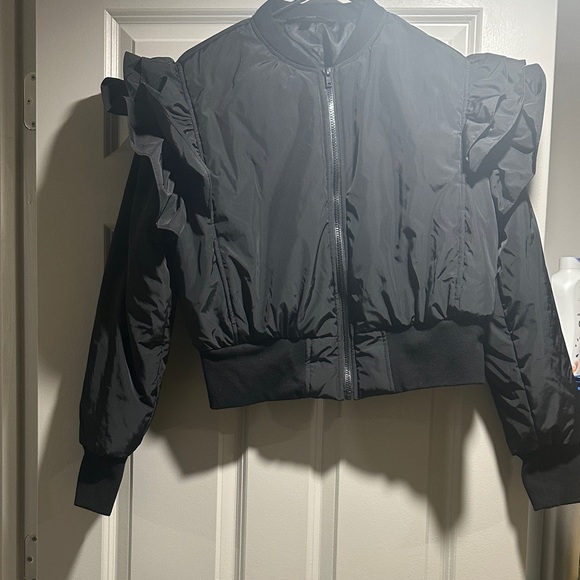Black Ruffle-Shoulder Bomber Jacket - Picture 3 of 5